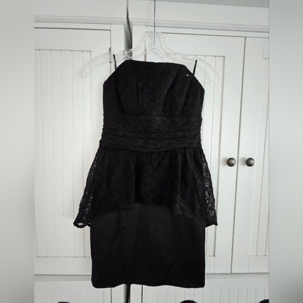 Guess Black Strapless Peplum Lace Dress